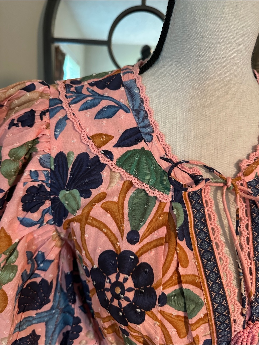 FARM Rio Pink Floral Puff-Sleeve Mini Dress with Blue & Green Print - Picture 4 of 8
